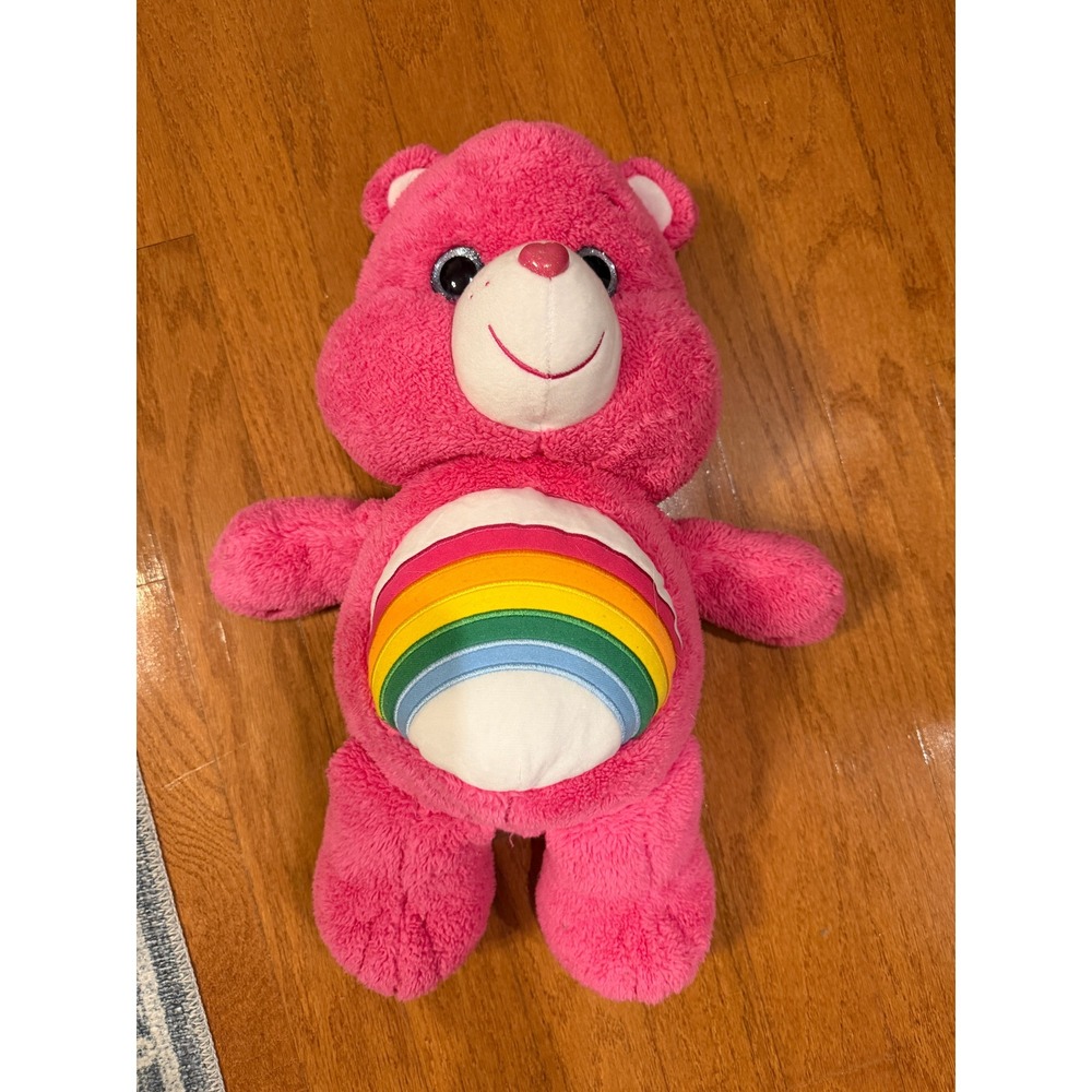 Care Bears Cheer Bear Plush Toy 18 Inch Pink Excellent Rainbow Belly Badge